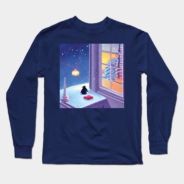 Introvert Christmas Baby Penguin Waiting For Santa Under Moonlight Long Sleeve T-Shirt by DaysuCollege